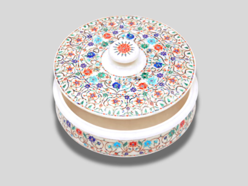 Italian Marble Jewelry Storage Box Floral Fine Marquetry Inlay Design Semi Precious Multi color Stone